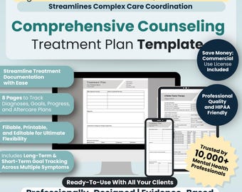 Vorlage für einen Ratenbehandlungsplan für psychische Gesundheit, ausfüllbare / druckbare PDF-Datei, Therapieinterventionssätze, Therapiebehandlung für psychische Gesundheit