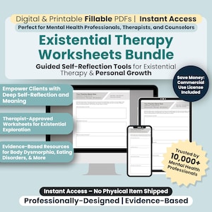 May include: A digital product bundle for existential therapy worksheets. The image shows a computer screen and a tablet displaying a worksheet with the title "Existential Therapy Worksheet". The text "Save Money: Commercial Use License Included" is also visible. The image is set against a light blue background.