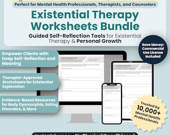 Existential Therapy Worksheets Bundle, 16 Fillable/Printable PDF, Guided self-reflection tools, Therapy Session Resource, Self Reflection