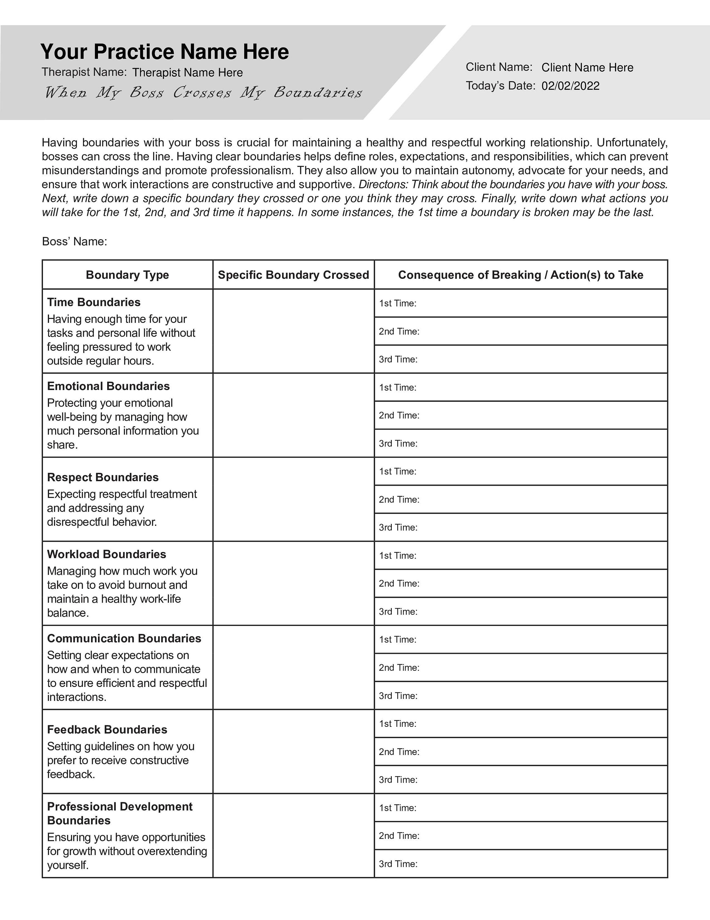 When My Boss Crosses My Boundaries Worksheet | Editable / Fillable ...