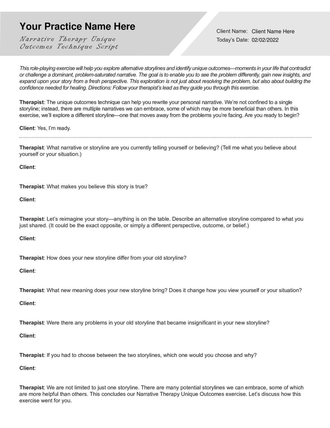 Narrative Therapy Unique Outcomes Technique Script Worksheet | Fillable ...