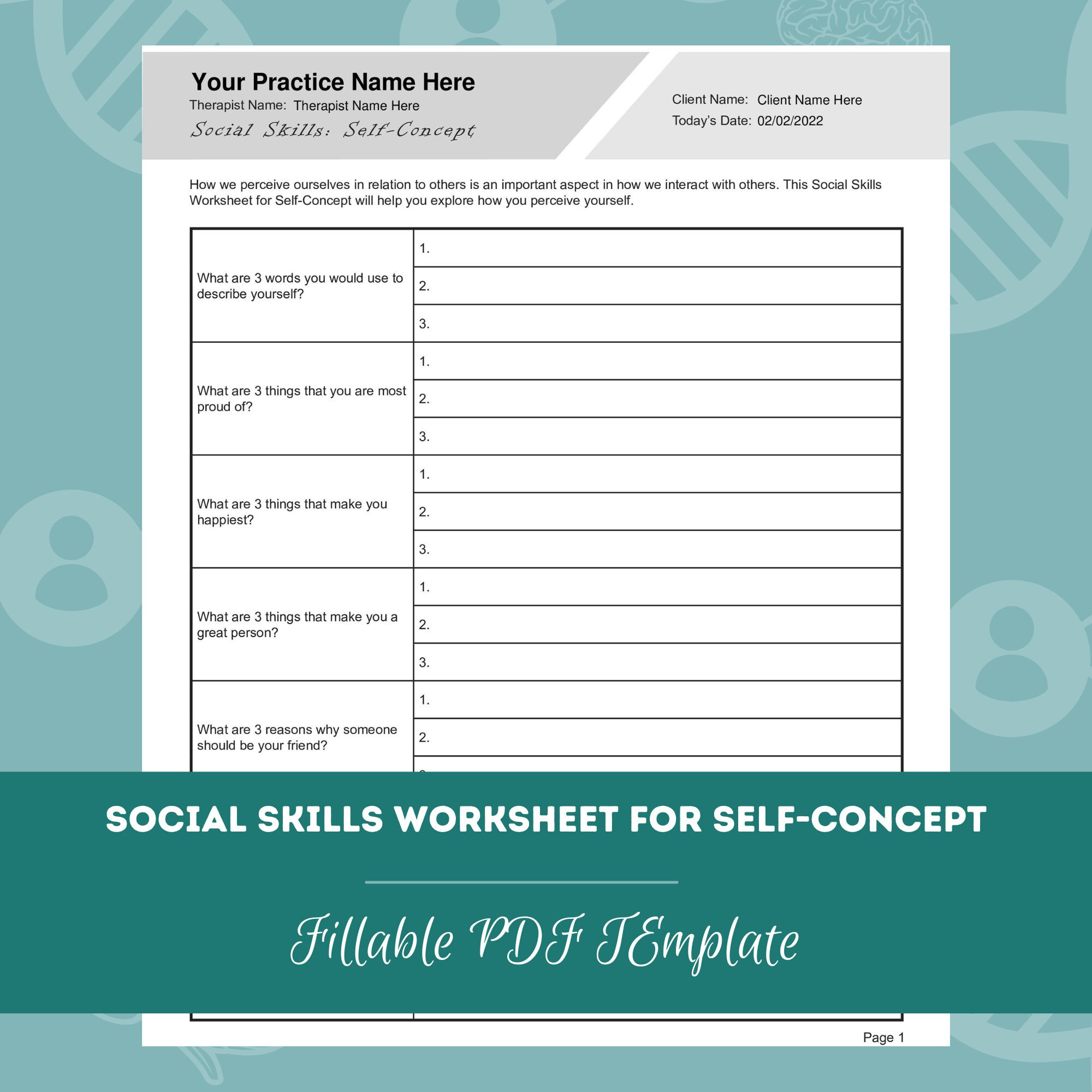 Social Skills Worksheets for Self-Concept Editable / Fillable PDF Counselors, Psychologists, Social Workers, Therapists, Psychiatrists