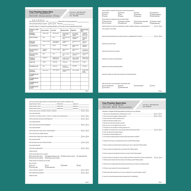 Suicide Assessment Form Template Editable / Fillable / - Etsy