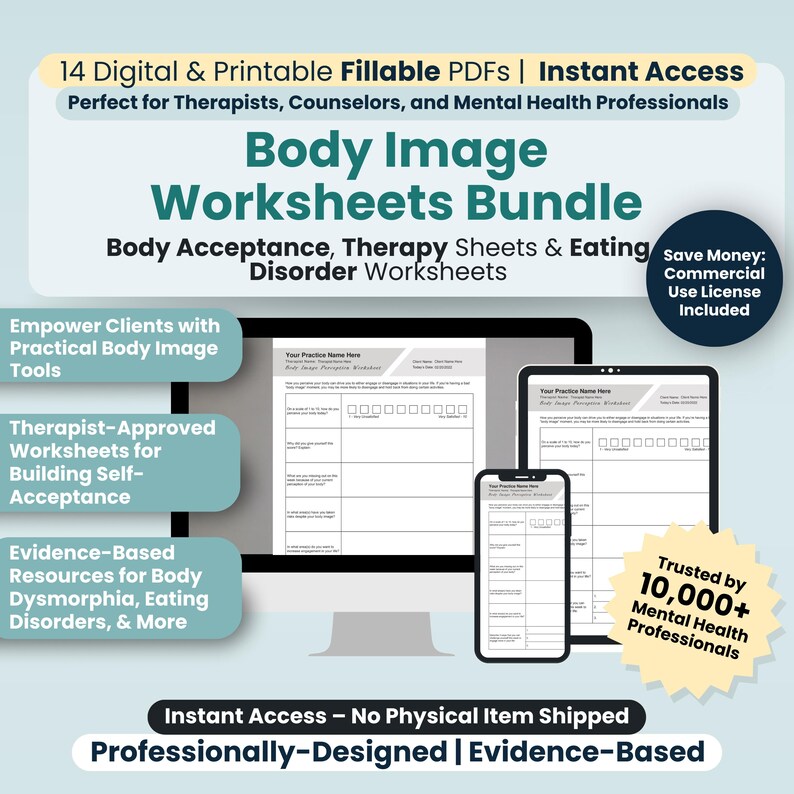 Body Image Worksheets Bundle, 14 Fillable/printable PDF Templates, Body ...