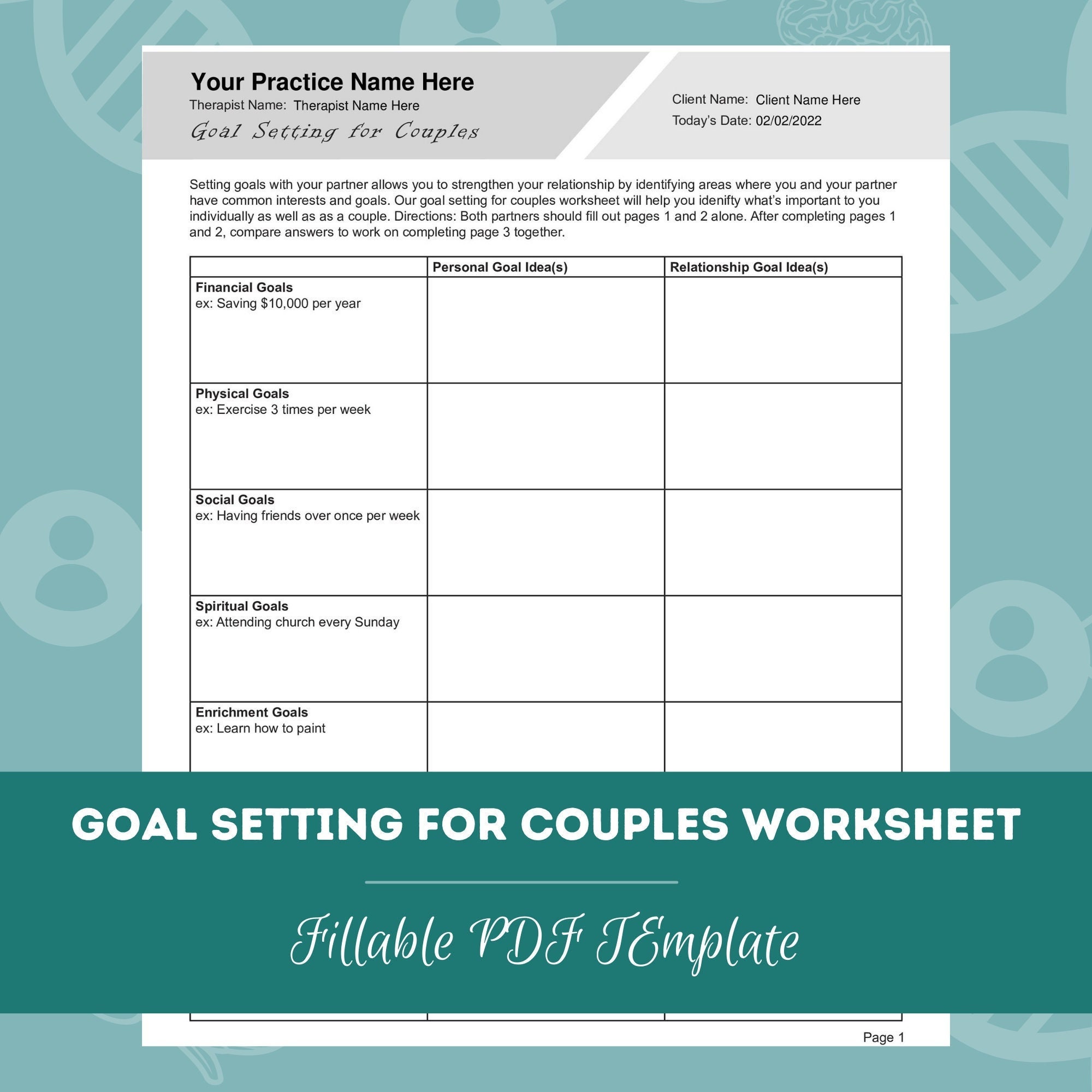 Goal Setting for Couples Worksheet Editable / Fillable PDF Template for ...