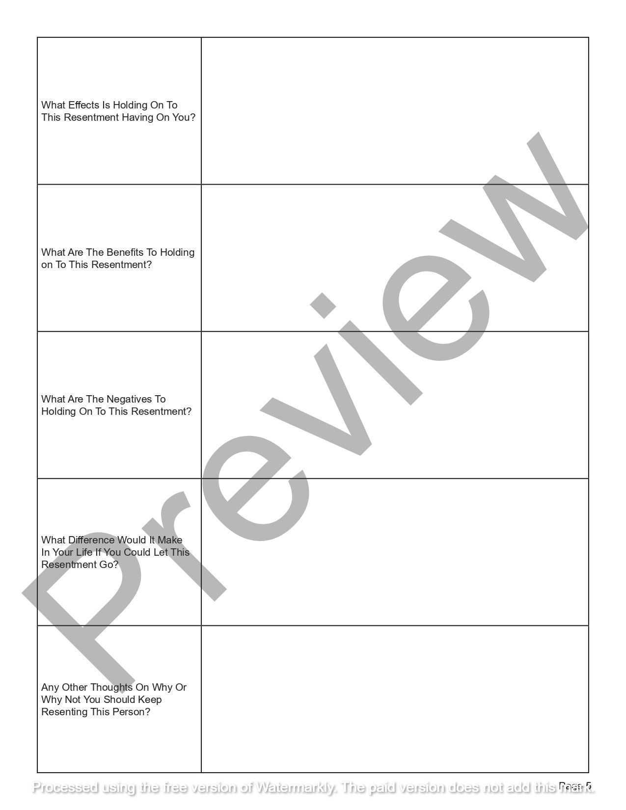 Letting Go of Resentment Worksheet Editable / Fillable PDF Template for