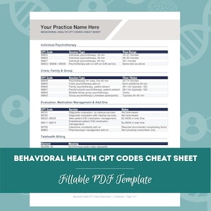 May include: A white behavioral health CPT codes cheat sheet template with dark blue headers and text. The document includes sections for individual psychotherapy, crisis, family and group sessions, evaluation, medication management, and telehealth billing.
