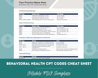Behavioral Health CPT Codes Cheat Sheet | Mental Health CPT Codes for Therapists | Therapy Billing Reference Guide (PDF + Word Doc)