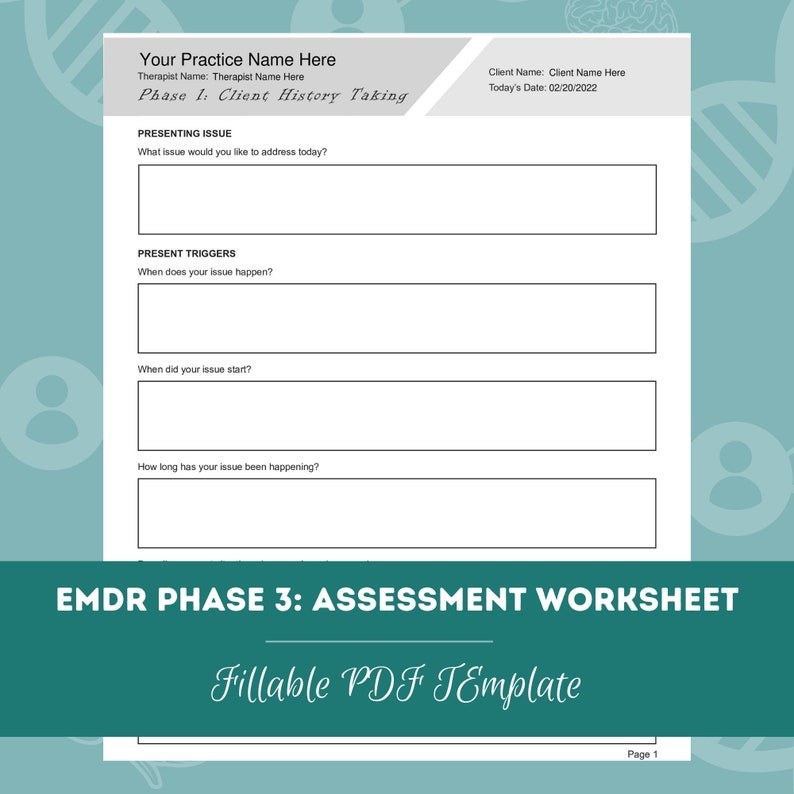 EMDR Phase 3 Assessment Worksheet Editable / Fillable PDF Template