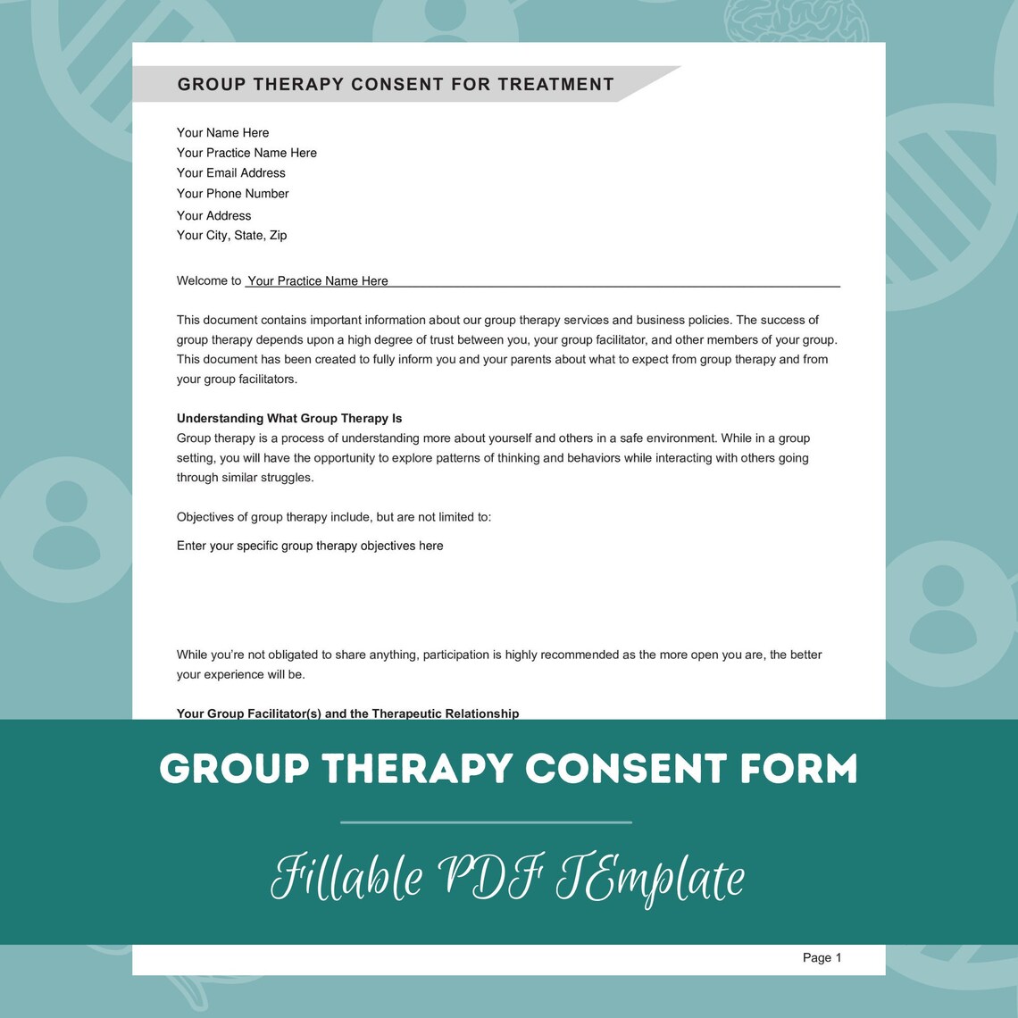 Group Therapy Consent Form | Editable / Fillable PDF Template | for ...