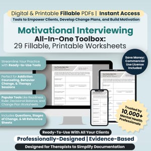 Peut inclure: Une maquette de produit numérique avec un fond bleu et du texte blanc. Le texte indique "Motivational Interviewing All-In-One Toolbox: 29 Fillable, Printable Worksheets". L'image comprend également un écran d'ordinateur, une tablette et un smartphone, tous affichant une feuille de travail avec le texte "Your Practice Name Here".