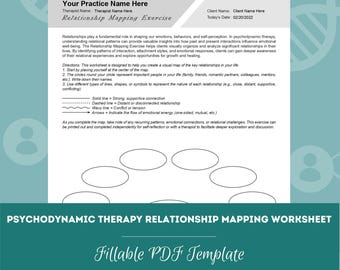 May include: A printable worksheet for a psychodynamic therapy relationship mapping exercise. The worksheet includes a circle in the center for the client to represent themself, and surrounding circles for the client to write the names of important people in their lives. Lines, shapes, and symbols can be used to represent the nature of each relationship.