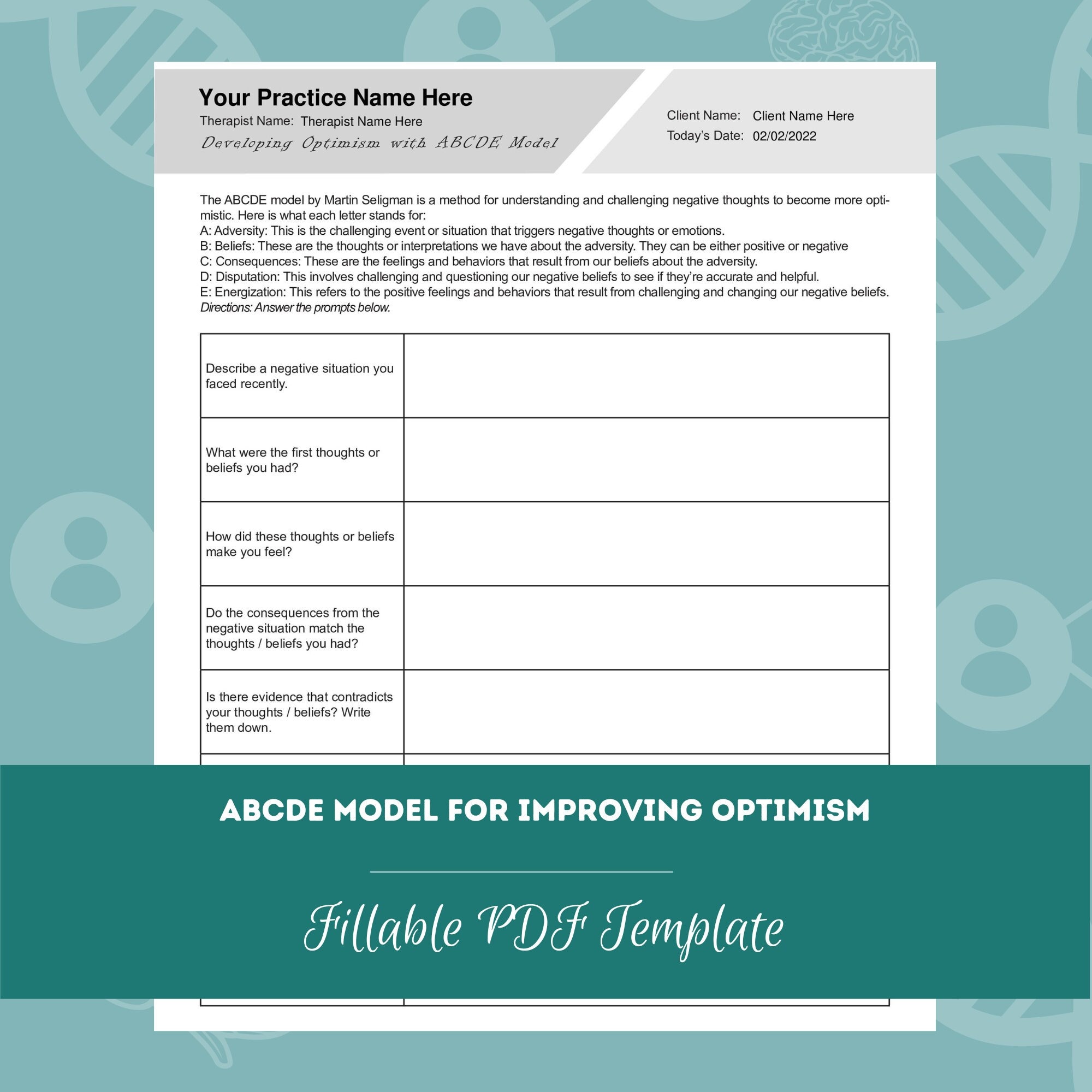 ABCDE Model for Improving Optimism Editable / Fillable PDF Template for ...