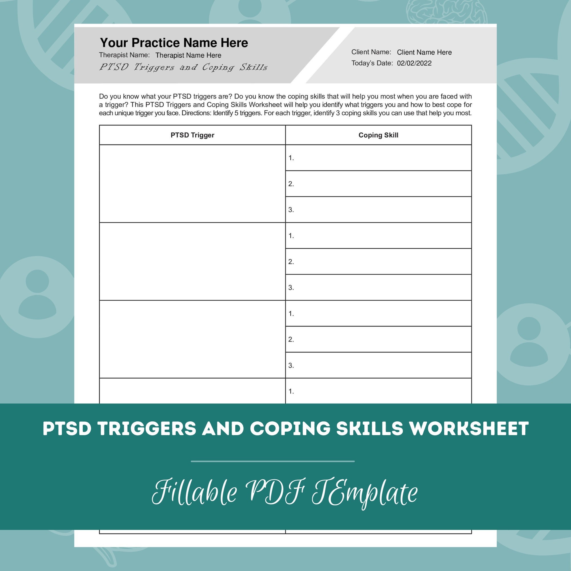 PTSD Triggers and Coping Skills Worksheet Editable / Fillable PDF