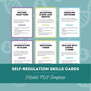 Op de afbeelding: Een set zelfregulatievaardigheidkaarten met een turquoise achtergrond. Elke kaart toont een ander scenario, zoals "Wachten op je beurt" en "Omgaan met kritiek", met bijbehorende vragen. De kaarten zijn ontworpen als een invulbare PDF-sjabloon.