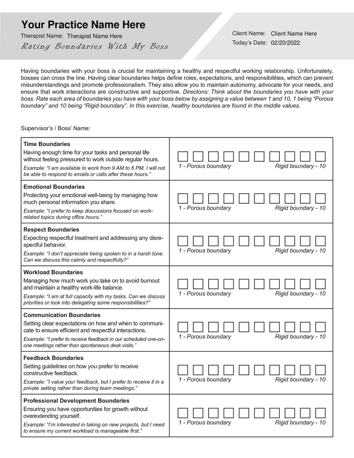 Rating Boundaries With My Boss Worksheet | Editable / Fillable ...