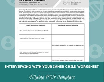 Puede incluir: Una hoja de trabajo imprimible titulada "Interviewing With Your Inner Child Worksheet" con un fondo azul verdoso. La hoja de trabajo está diseñada para ayudarte a conectar con tu niño interior e incluye preguntas tanto para tu yo presente como para tu yo más joven.