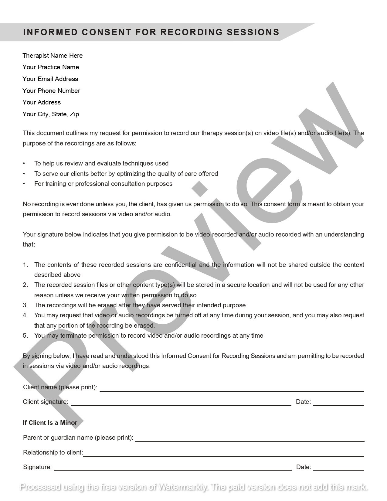 Consent Form for Recording Therapy Session | Editable / Fillable PDF ...