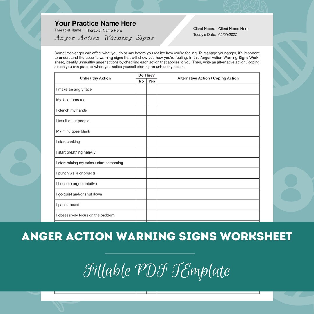 Anger Action Warning Signs Worksheet | Editable / Fillable PDF | for ...