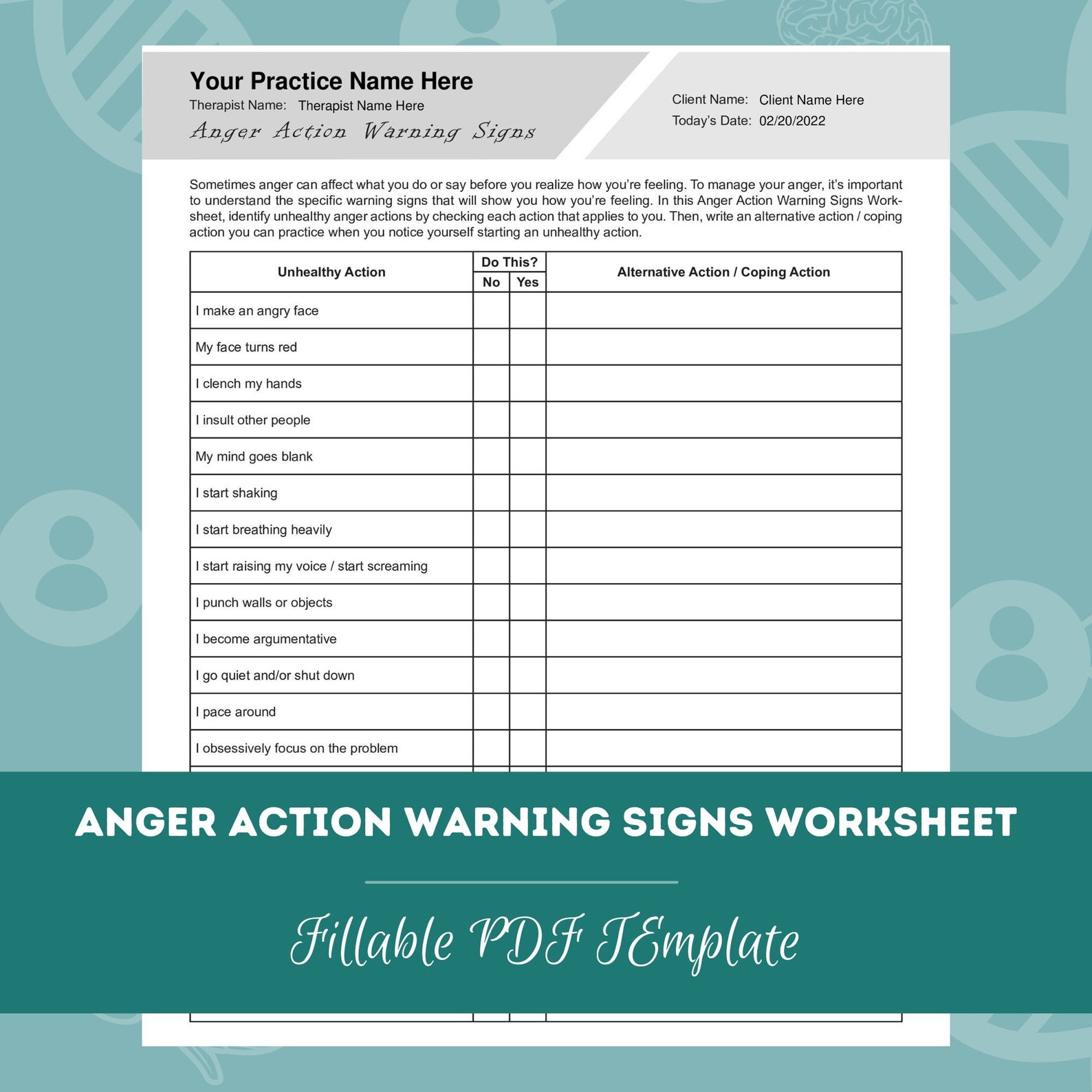 Anger Action Warning Signs Worksheet | Editable / Fillable PDF | for ...