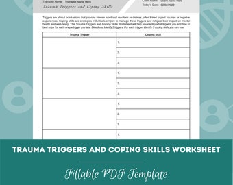 May include: A printable worksheet titled "Trauma Triggers and Coping Skills Worksheet" with a fillable PDF template. The worksheet is designed to help identify and manage triggers and coping skills.