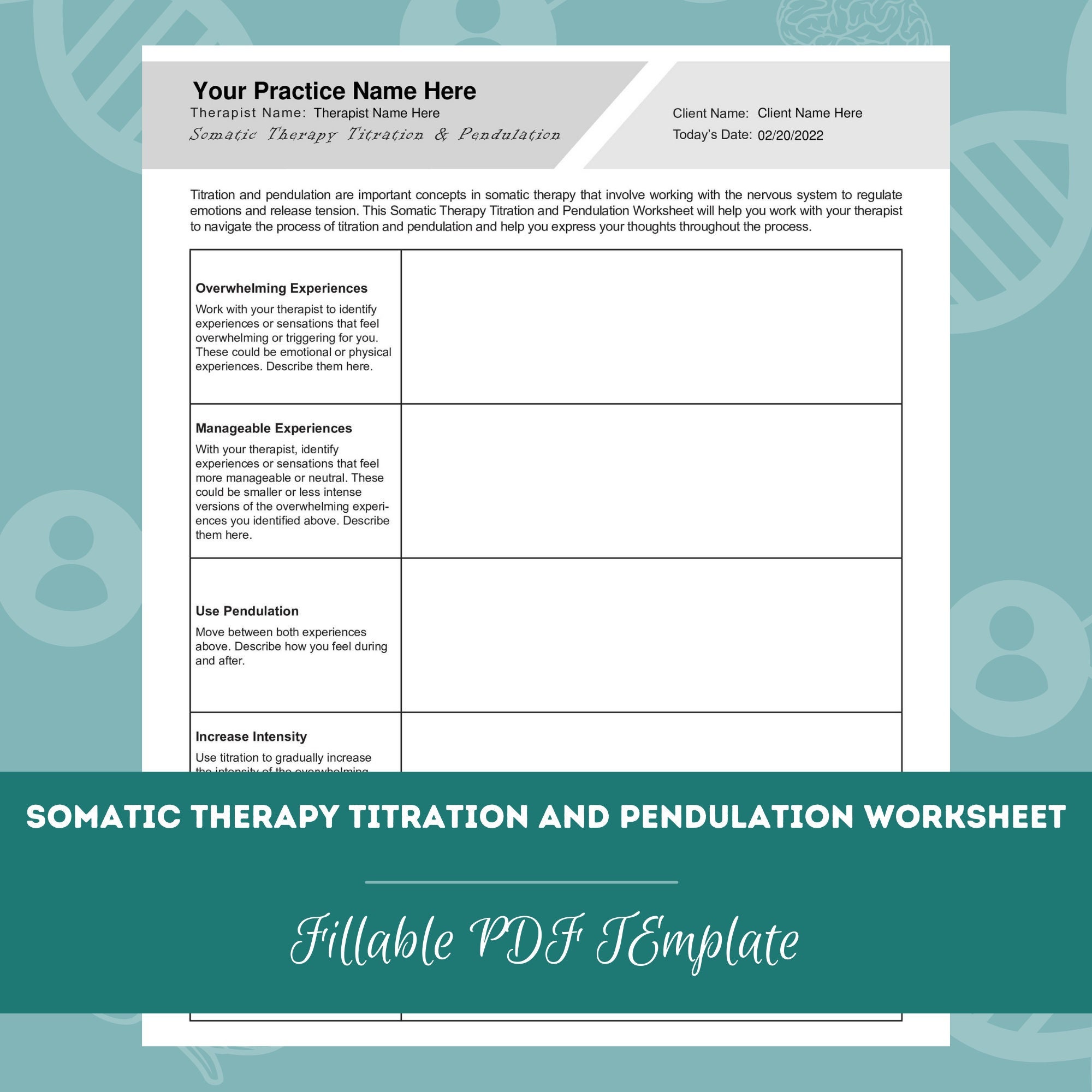 Somatic Therapy Titration and Pendulation Worksheet Editable / Fillable