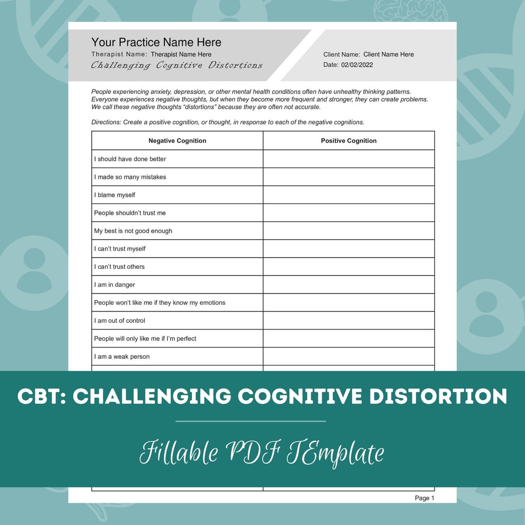 CBT: Challenging Cognitive Distortion Worksheets Editable / Fillable