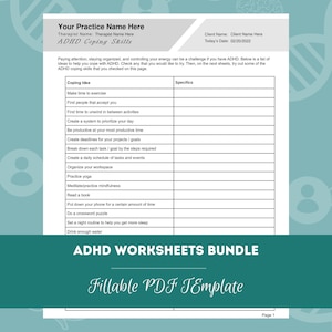 May include: A printable ADHD coping skills worksheet with a light gray and white design. The worksheet includes sections for coping ideas and specifics, with prompts like "Make time to exercise" and "Read a book." The title reads "ADHD Worksheets Bundle."