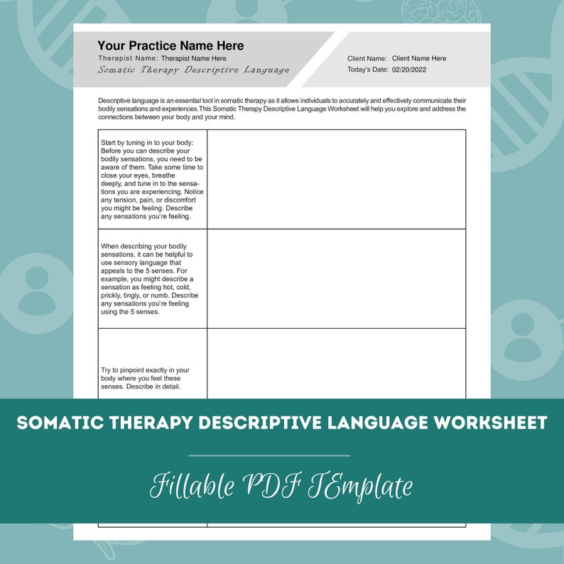 Somatic Therapy Descriptive Language Worksheet | Editable / Fillable ...