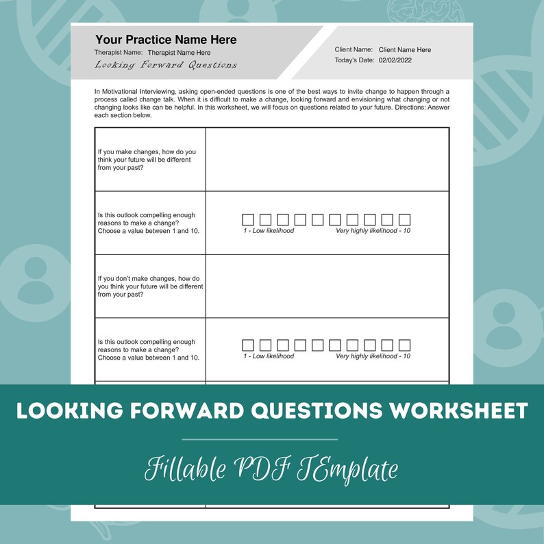 Motivational Interviewing Looking Forward Questions Worksheet Editable / Fillable PDF Template