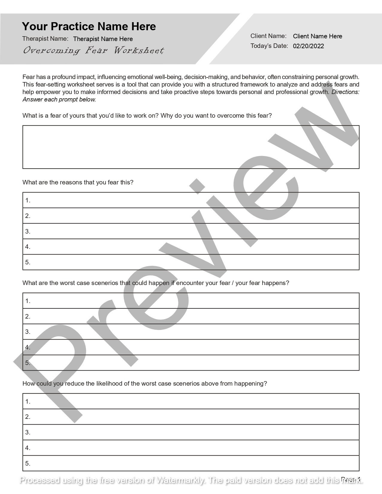 Overcoming Fear Worksheet Editable / Fillable PDF for Counselors
