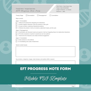 May include: A black and white printable EFT Progress Note Form template with the text "EFT Progress Note Form" and "Fillable PDF Template".