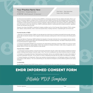 Può includere: Modulo di consenso informato EMDR, un modello di PDF compilabile, con uno sfondo verde e blu. Il modulo include un titolo, una sezione per il nome del cliente e la data odierna, e una sezione per la firma e la data del clinico.