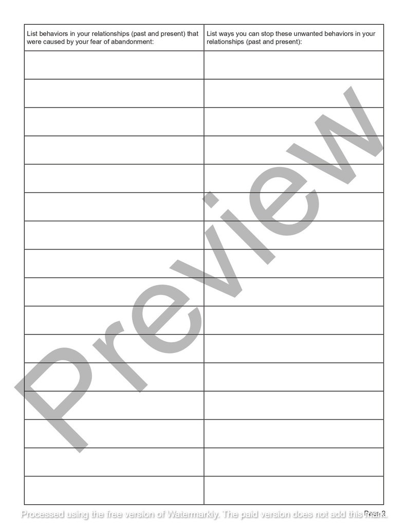 May include: A printable worksheet with two columns. The left column is titled "List behaviors in your relationships (past and present) that were caused by your fear of abandonment." The right column is titled "List ways you can stop these unwanted behaviors in your relationships (past and present)."