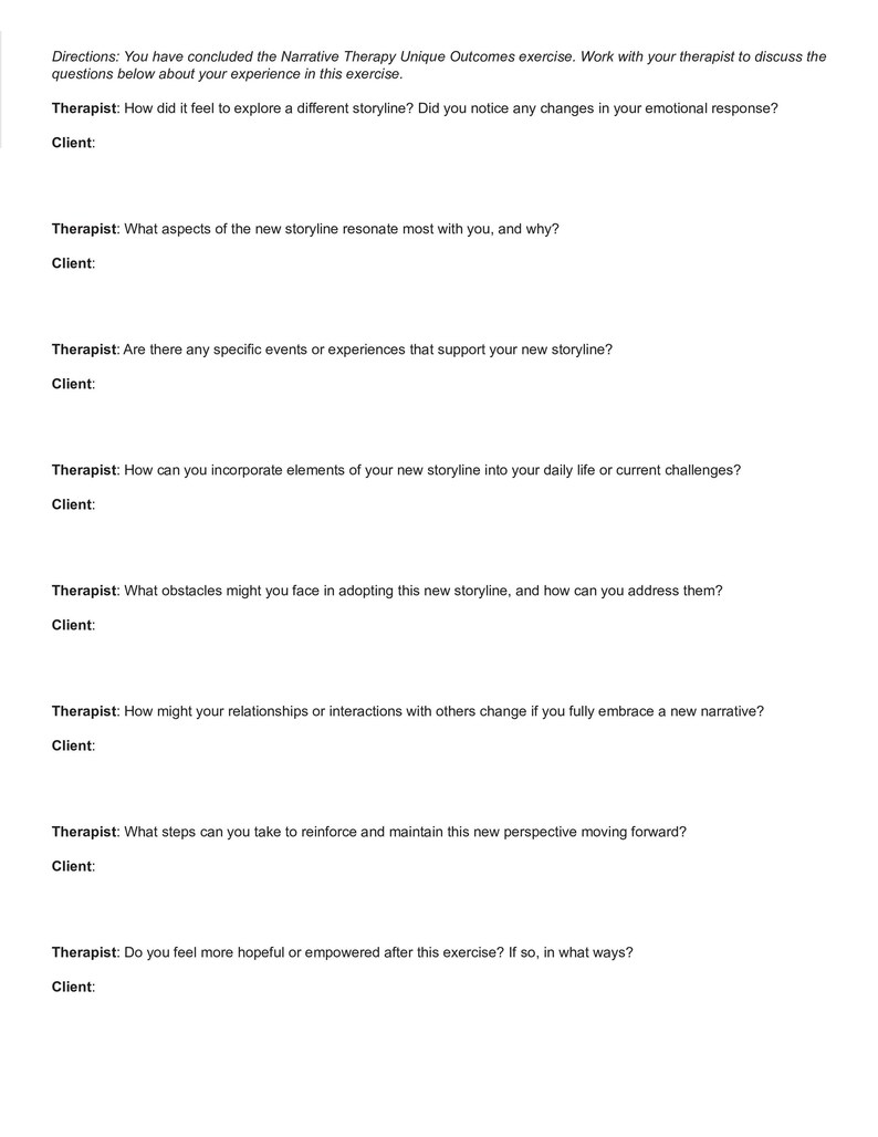 Narrative Therapy Unique Outcomes Technique Script Worksheet | Fillable ...