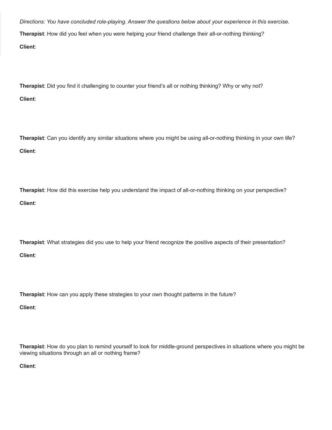 Challenging the “all or Nothing” Cognitive Distortion Role-playing ...