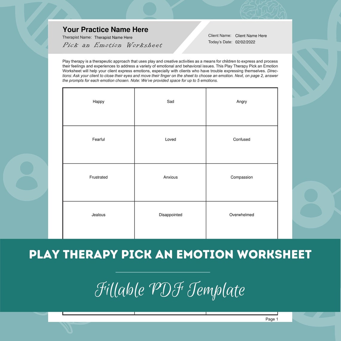 Play Therapy Pick an Emotion Worksheet | Editable / Fillable PDF ...