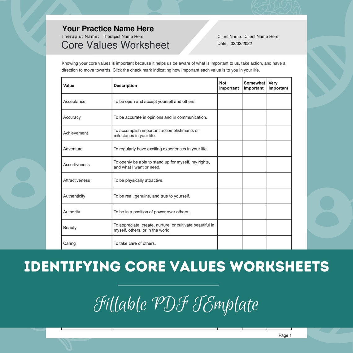 Identifying Core Values Worksheets Editable / Fillable PDF Template for