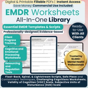 May include: A digital graphic advertising EMDR worksheets. The image shows a tablet displaying a worksheet, with text highlighting features such as "Client Progress Tracking" and "Cognitive and Emotional Processing Worksheets." The design includes a gold seal that says "Trusted by 10,000+ Mental Health Professionals."