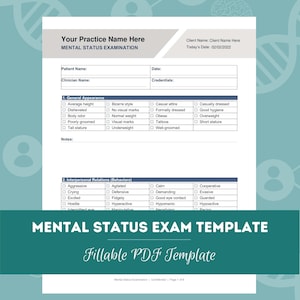 May include: A white mental status examination form with black text and blue headers. The document includes fields for patient and clinician names, dates, and checklists for general appearance and interpersonal relations, labeled as a fillable PDF template.