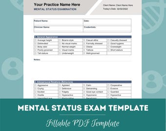May include: A white mental status examination form with black text and blue headers. The document includes fields for patient and clinician names, dates, and checklists for general appearance and interpersonal relations, labeled as a fillable PDF template.