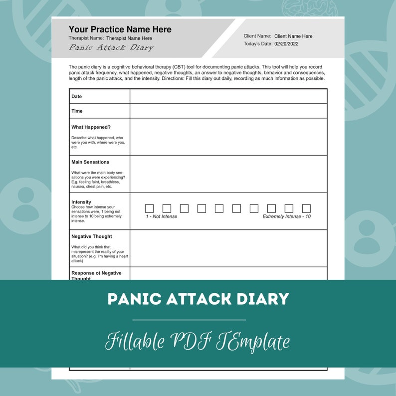 Panic Attack Diary Editable / Fillable PDF for Counselors ...