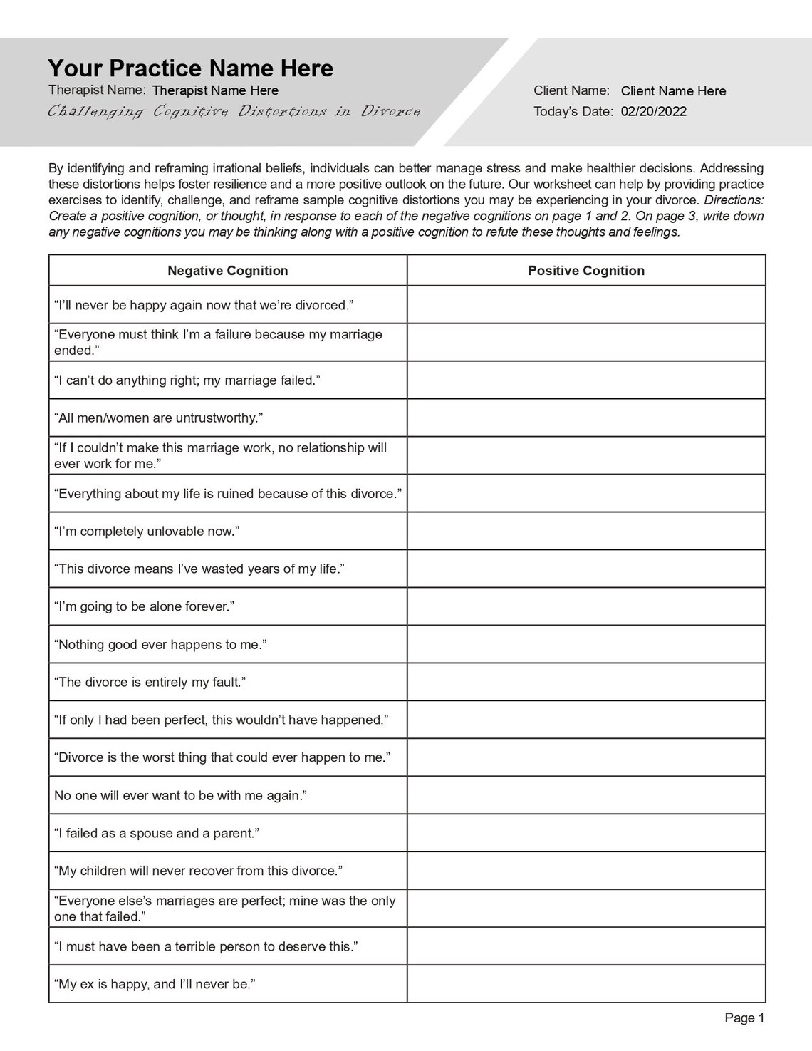 Challenging Cognitive Distortions in Divorce Worksheet | Editable ...
