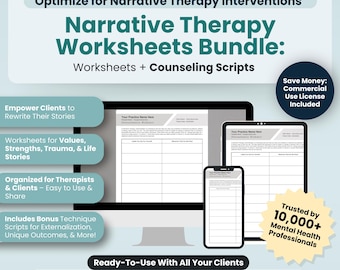 Paquete de hojas de trabajo de terapia narrativa, 22 plantillas PDF rellenables e imprimibles, herramientas de terapia narrativa, kit de herramientas de terapia narrativa