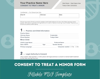 Parental Consent for Treatment of a Minor Form | Child Mental Health Treatment Consent Form | Therapist Template (PDF + Word Doc)