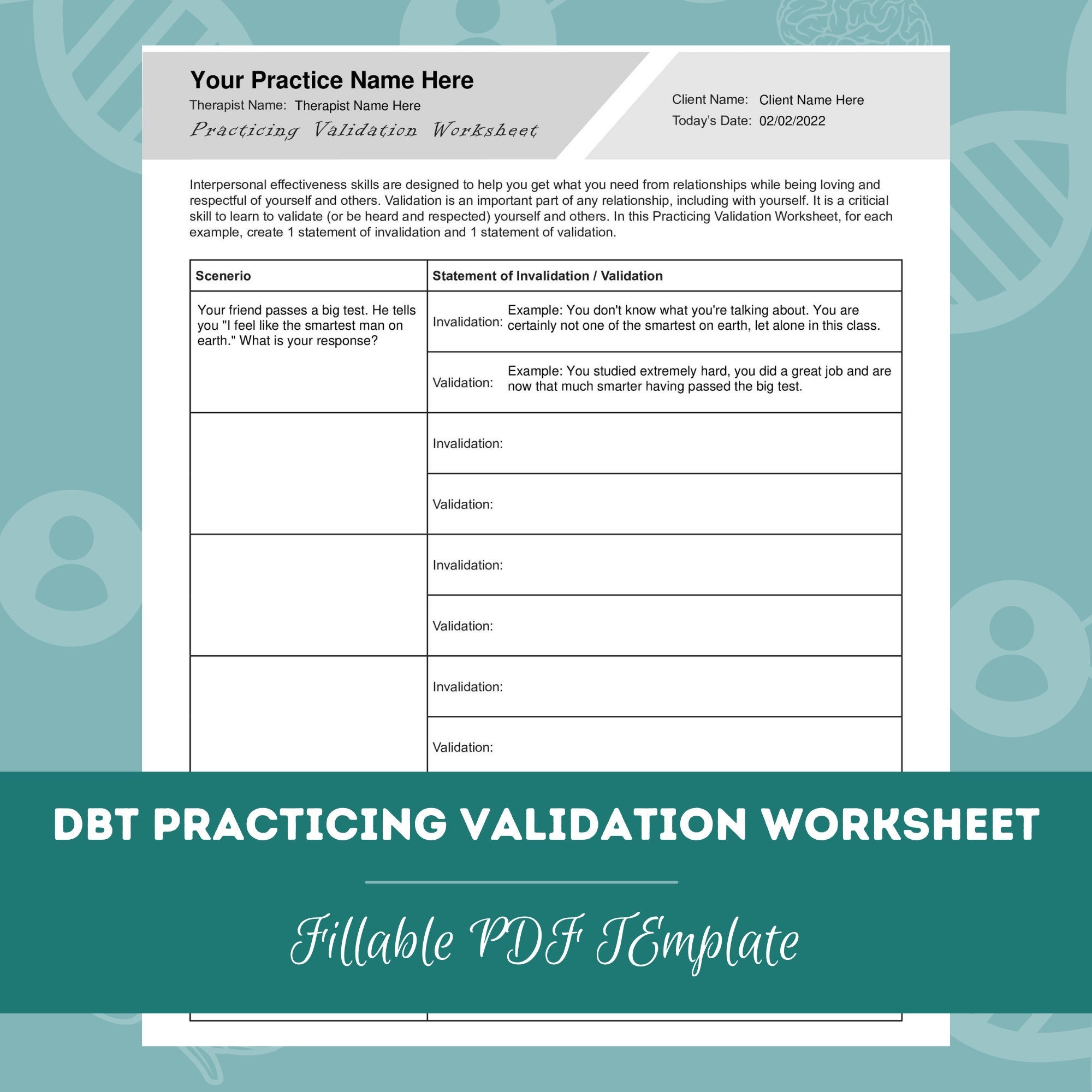 DBT Practicing Validation Worksheet | Editable / Fillable PDF Template | For Counselors, Psychologists, Social Workers, Therapists