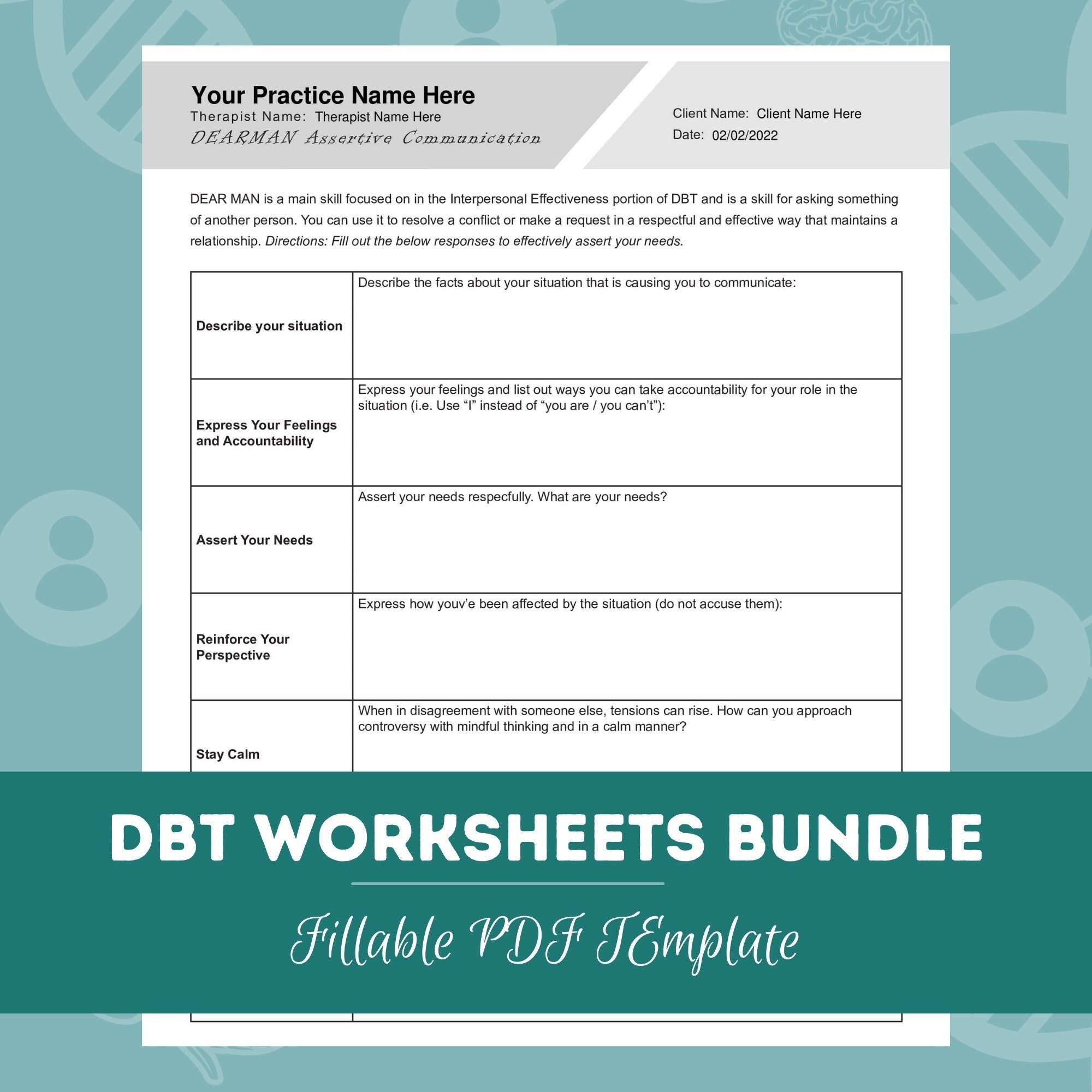dbt worksheets bundle editable fillable printable pdf etsy