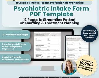 Psychiatric Intake Form PDF Template for Psychiatrists, Nurse Practitioners, and other Mental Health Professionals | Fillable / Editable PDF