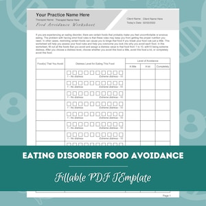 May include: A printable worksheet titled "Food Avoidance Worksheet" with a table to help identify and manage food avoidance behaviors. The table includes columns for the food, distress level, and level of avoidance.