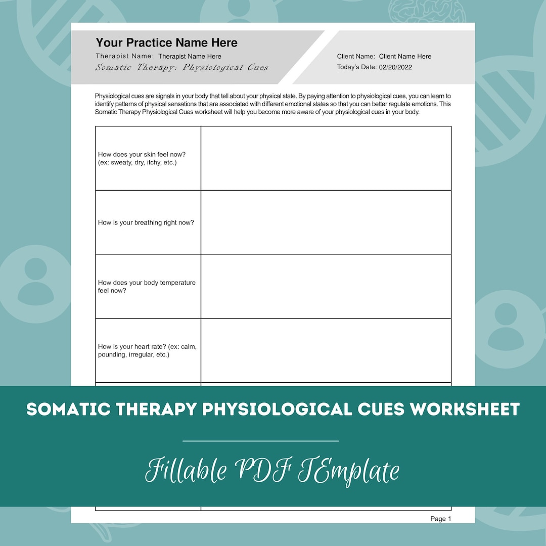 Somatic Therapy Physiological Cues Worksheet Editable / Fillable PDF